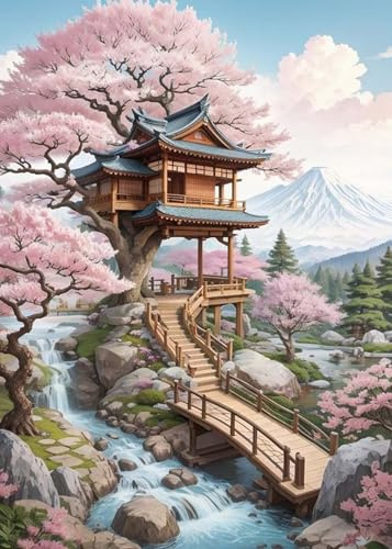 GLXPOG Sakura Diamant Art Malerei Painting Kit für Erwachsene, Pavillon 5D Diamant Painting Bilder Set DIY Strass Stickerei Malerei Wand Dekor 30x40cm
