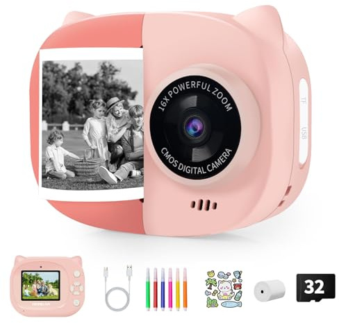 Rongta Kids Camera Instant Print, 1080P Kids Instant Cameras Print Photos, Christmas Birthday Gifts for Girls Age 3-12, Portable Video Digital Camera for 3 4 5 6 7 8 9 10 Year Old Kids Girls(Pink)