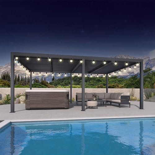 Pergola bioclimatica 6 x 3,68 m con luci a LED in alluminio, doghe regolabili, 22,08 m², baldacchino da giardino, patio, tenda da sole, colore grigio