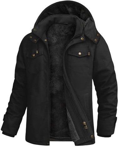 Lonya Men's Winter Parka Jackets Fleece Lined Winter Cotton Military Cargo Coats Full Zip Thick Multi Pocket Warm Windbreaker Outdoor Hiking with Removable Hood, Black, L