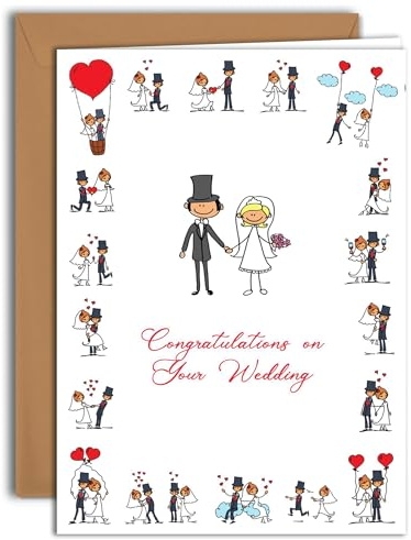 Tarjeta romántica de boda – Novia y novio juguetones | Tarjeta grande plegada (A4) – Sobre Kraft incluido – Interior en blanco
