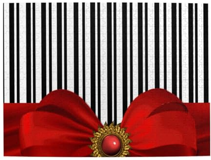 Elegante schwarz-weiße Streifen und rote Schleife, 500-teiliges Puzzle für Erwachsene – Holzpuzzle für Erwachsene und ältere Menschen