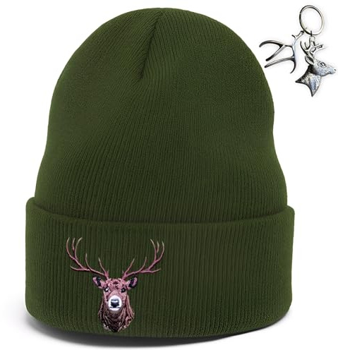 Geschenk für jäger Set - Hirschkopf Stickerei Strickmütze Mit Schlüsselanhänger, jäger geschenke, Geschenk Jäger, Jagd Zubehör, Lustige Geschenke Für Männer Für Jäger, Outdoor, Angeln, Weihnachten