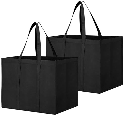 GXAHSOL 2 Stück Schwarze Einkaufstasche, Faltbar Einkaufstasche, 41 x 33 x 26 cm Große Einkaufstaschen mit Tragegriffen, Wiederverwendbarer Einkaufstaschen für Einkaufen, Picknick, Camping, Reisen