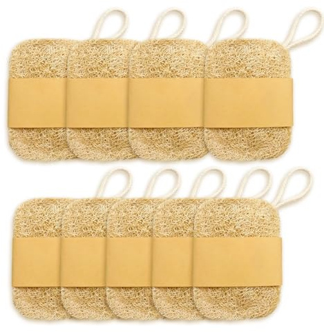 CATZUM Set de 9 Esponjas de Luffa Natural – Porta Jabón/Esponja para Ducha, Baño, Cocina, Encimera (7×10 cm)