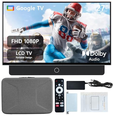 27 inch Portable TV FHD 1080P Android14 OS with Google TV,9000mAh Battery,Dolby Audio,100%sRGB,Google Assistant,Leather Handle,Streaming Android TV with Carry Case for Outdoor Travel Camping,White