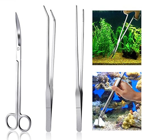 UEETEK 3 Stück / Set Edelstahl Aquarium Fisch Tank Kit,Pinzette Schere Werkzeuge Set Fisch Starter Kits für Pruning Reinigung Wasserpflanze Grass Etc,Durchschnittliche Länge 26CM