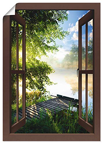 ARTLAND Wanddeko Poster & Kunstdrucke Wandposter Fensterblick Fenster Landschaft Wald Natur See Angelsteg Sonne Frühling T1DZ