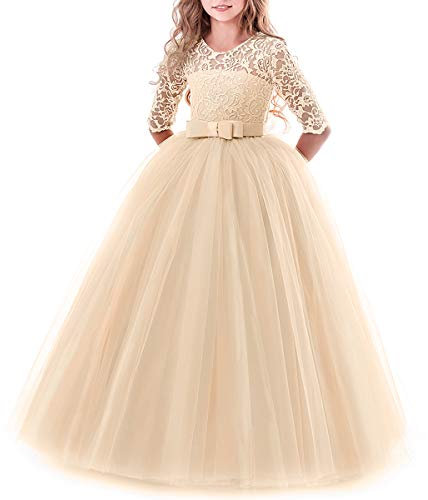 Little Big Girls Lace 3/4 Sleeve Dress Wedding Bridesmaid Holy Communion Evening Party Long Maxi Dresses Baby Child Princess Pageant Birthday Prom Carnival Christmas Ball Gown Champagne 11-12 Years