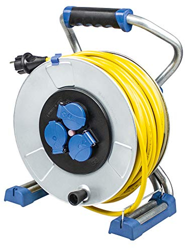 as - Schwabe Xperts Doppelrohr Metallkabeltrommel 40 m K35 AT-N07V3V3-F 3G1,5 mit 3 Schutzkontaktsteckdosen inkl. Klappdeckel, USB Port, Spannungsanzeige, IP44, Made in Germany, Silber, 22731