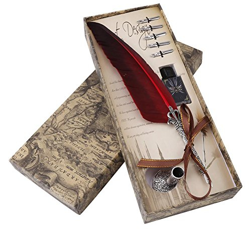 Retro Schreibfeder Set, Kalligraphie Feder zum Schreiben für Weihnachten, Geburtstagsgeschenke mit 5 Federn in Geschenkbox(rot)