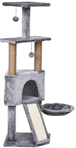 PawHut Katzenbaum mit Hängebett, 124 cm 4-Stufiger Kratzbaum, Katzenhaus mit Spielbällen, Korb, Katzenkratzbaum mit Sisalsäulen, 2 Plattformen, Kratzbrett, Plüsch Grau