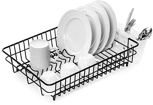 Home Treats Dish Drainer & Plate Rack | Rust Proof Large Black | Rinse Basket For Pots Bowls Plates Utensils | Dish Drainer Rack With Cutlery Basket Included