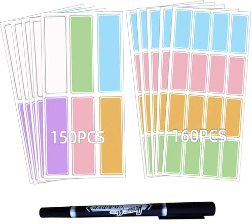 Assorted Colors Waterproof Removable Labels - 310PCS with Pen Adhesive Name Label Stickers for Water Bottles,Baby Daycare,Kids School Supplies,Home Office Organization
