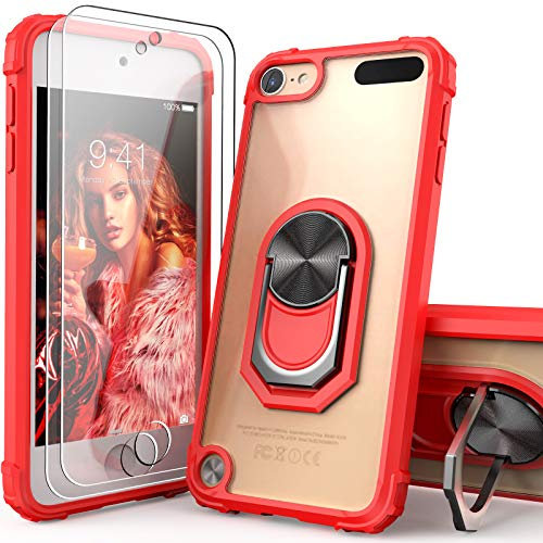 IDYStar Schutzhülle für iPod Touch 7, mit Standfunktion, mit 2 HD-Displayschutzfolien, transparent mit integriertem magnetischen Metallständer, Rot