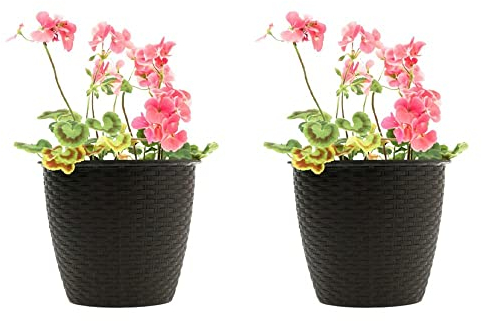 St@llion 20cm Plastic Round Rattan Style Garden Flower Plant Pots Indoor Outdoor Modern Décor Planter Circular Plastic Garden Flower Plant Herb (Brown, Pack of 2)