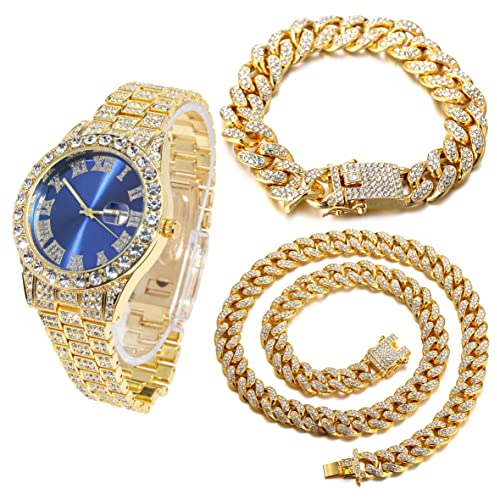 Halukakah Diamant Golduhr, Herren 18K Echt Vergoldet 42MM Breite Blau Wählen Quarz Armband 24cm mit Kubanischer Link Kette 20+45cm Halskette Armband Set, mit Geschenkbox