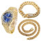 Halukakah Diamant Golduhr, Herren 18K Echt Vergoldet 42MM Breite Blau Wählen Quarz Armband 24cm mit Kubanischer Link Kette 20+45cm Halskette Armband Set, mit Geschenkbox