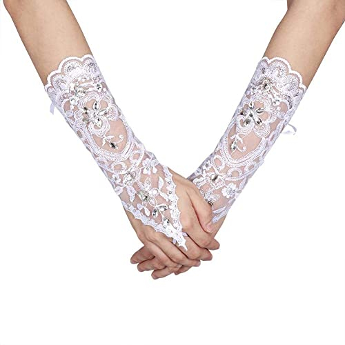 Tiiyee Spitzen Handschuhe, Weiße Handschuhe Damen, Abschlussball Abendhandschuhe, Elegant Vintage Frauen Spitze Fingerlose Strass Geschenk Höflichkeit Braut Brauthandschuhe