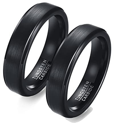 Gualiy Ringe Paare Silber, Wolfram Ring Tungsten 5mm schwarz gebürsteter Ring, Damen 60 (19.1) & Herren 65 (20.7)