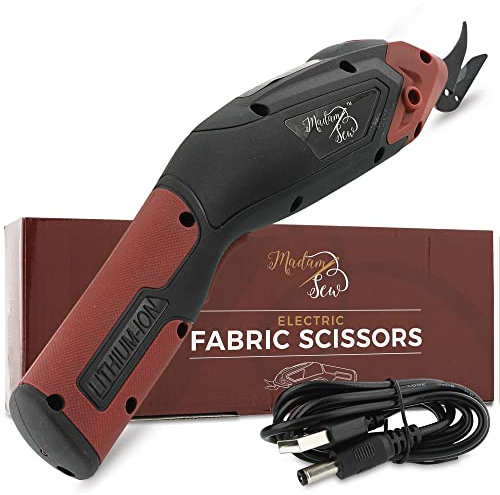 Madam Sew Forbici elettriche per taglio tessuti, forbici senza fili resistenti con batteria ricaricabile USB, funzionamento a grilletto e impugnatura antiscivolo per tagli denim, lana, pelle - lame di