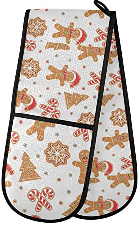 Christmas Gingerbread Man Cookies Snow Flake Tree Candy Cane Double Oven Mitt Gloves Extra Long Potholder High Heat Resistant for Baking Cooking Baking Grilling Handling Hots Pans 35x7