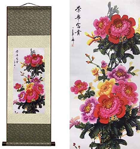 Valart Rollbild aus Seide Asiatische Wanddekoration Seidenmalerei Blume - Wohlhabende Blume - Ruhm und Reichtum Schön Chinesische Kunstwandrolle Hängende Bildrolle Orientalisches Dekor(92 x 30 cm)