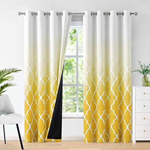 Beauoop Gelb Blickdicht Vorhänge mit Farbverlauf Geometrische Fliesendruck Muster Lichtundurchlässige Vorhang mit Ösen VerdunkelungsVorhänge für Schlafzimmer Wohnzimmer 2er Set, 132 x 245 cm (HxB)