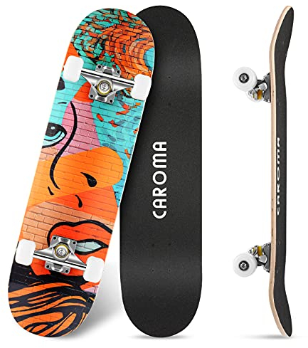 Caroma Skateboard für Anfänger, 79cm Komplette Skate Boards, 9 Lagigem Ahornholzdeck,Double Kick Cruiser Sport Standard Longboard, 4 Wheels Skateboards für Kinder Jugendliche Erwachsene YD-618