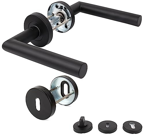 APECS Tiradores de puerta redondos para puerta de casa y habitaciones, juego de manillas de acero inoxidable 201, color negro mate, para puertas interiores, herrajes de puerta, juego de rosetas