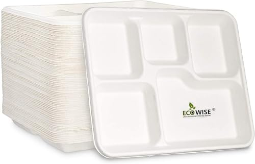 BH | 5 Compartment Bagasse Dinner Plates | 50-Pack | 100% Biodegradable and Compostable | 5 CP Food Tray | ECO Friendly Dinner Party Plates, Made from Sugarcane Fibre - by Best House