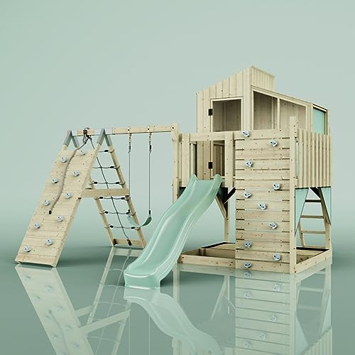 Rebo Outdoor Spielturm mit Wellenrutsche | Spielhaus aus Holz mit Kinderschaukel, Kletterwand, Kletternetz | Stabile Konstruktion, Weiches Gefühl in den Seilen