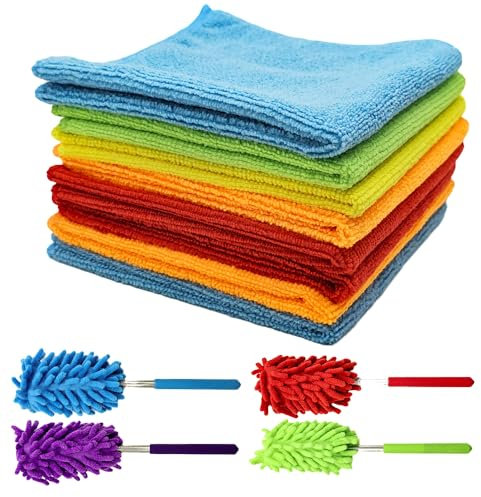 Aisamco Lot de 8 Chiffons de Nettoyage en Microfibre, 30 x 30 cm, Multicolores, avec 4 plumeaux, kit de Nettoyage pour Plafond de vitres de Voiture et de Maison