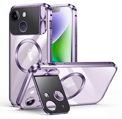 iPhone 15 Hülle Doppelseitige Schnalle, kompatibel mit Magsafe Magnetische Adsorption Metall Bumper mit Kamera-Abdeckung, Ganzkörperschutz Metall Bumper Case (Lila)