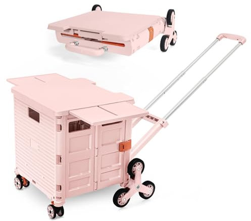 Chariot de Courses Pliable, Chariot Utilitaire Portable avec Roues Escaladant Les Escaliers, Couvercle Magnétique, Capacité de 80 kg, Caisse Roulante pour Le Camping, Le Rangement des Outils - Rose U
