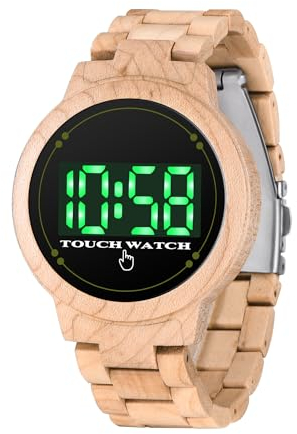 Tiong Herren-Holzuhr | LED-Digital-Holzuhr | Einfache Herrenuhr | Herren-Touchscreen-wasserdichte Uhr