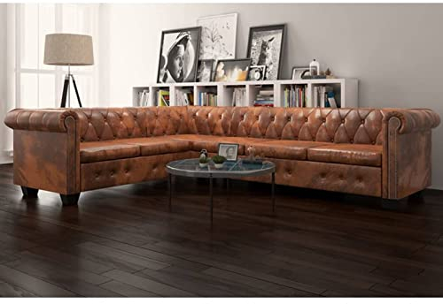 Camerina Chesterfield Ecksofa 6-Sitzer Kunstleder Braun Schlafsessel Mit Bettfunktion Schlafsofa Klein