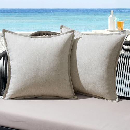 MIULEE Outdoor Kissen Wetterfest Kissenbezug Wasserdichter Dekorative Kissenbezüge Leinen-Optik Sofakissen Dekokissen für Garten Sofa Couch Wohnzimmer Schlafzimmer 2er Set 50x50cm Grau Weiß