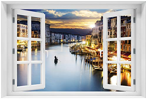Wallario Glasbild 60 x 90 cm mit Fensterrahmen mit Fenster-Illusion: Canal Grande in Venedig am Abend mit untergehender Sonne - Wandbild mit freischwebender Optik