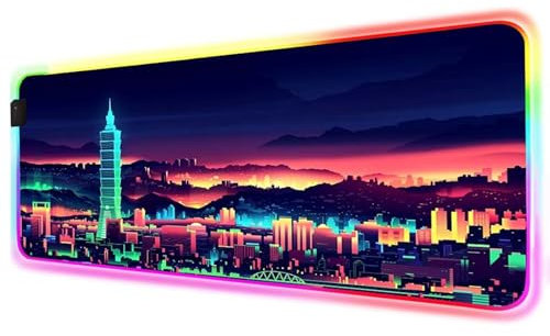 RGB Tapis de Souris Gaming Grand Tapis de Souris XXL 800x300x4mm 14 Modes d'éclairage LED Lumineuse Tapis de Souris Mouse Pad Rétroéclairage pour Gamer Clavier PC, Scène Nocturne de La Ville