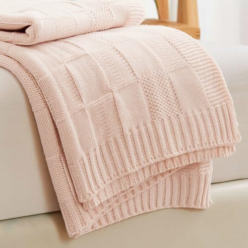 Aganear Knit Throw Blanket for Couch, Checkered Cable Knitted Throw Blanket for All Seasons, Soft Cozy Lightweight Knit Blanket for Bed Office Travel Boho Pink Decor (50x60, Cream)