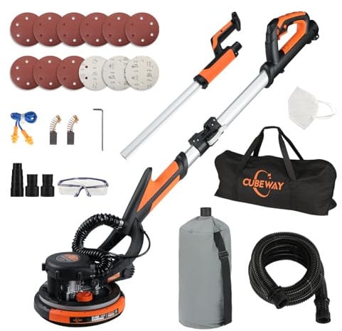 CUBEWAY Ponceuse Girafe avec Système d'aspiration Automatique, 750W Professional Ponceuse Plaquiste, 7 vitesses(900-1800rpm),Ponceuse Murale Électrique Pliable, avec lumière LED