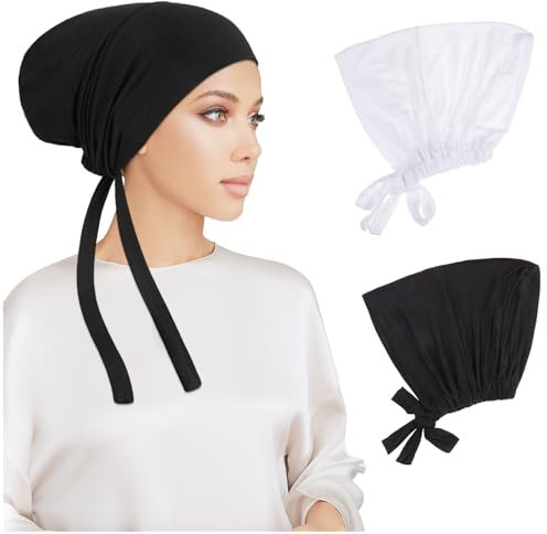 PHOGARY 2 Stück Frauen Undercap Hijab, Islamische Muslimische Unterschal Hijabcap mit Tie Back Closure Solid Color Unter Schal Hijab Mütze Turban Kopfbedeckung Chemo Kopftuch Schlafmütze (C)