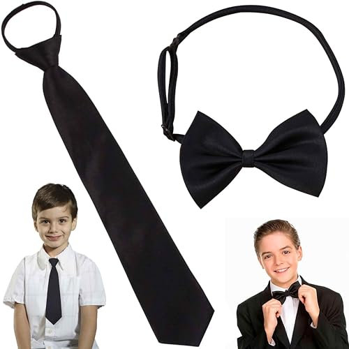 IBXWMNG - Set Cravatta e Papillon per Bambino, Raso Lucido Satinato Nera Pre-Annodata. Regolabile, perfetto per Feste o Matrimoni Casuali.