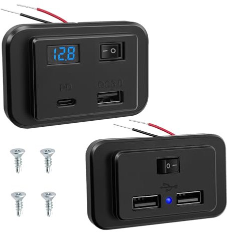 Hoembpn Prise de Chargeur USB C de Voiture Interrupteur et Voltmètre LED 40W PD2.0+QC3.0,12V-24V Panneau de 4.8A Double USB Charge Rapide Adaptateur pour Bateau Camping Car Moto Camion Accessoire