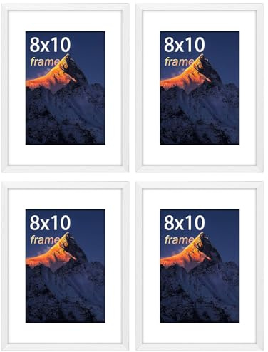 8x10 Photo Frame 4 Pack, Photo Frame for Tabletop and Wall Mounting Display, with Plexi Glass, Black 10x8 inch Picture without Mat, or 5x7 with Mat, with Horizontal and Vertical Format，White
