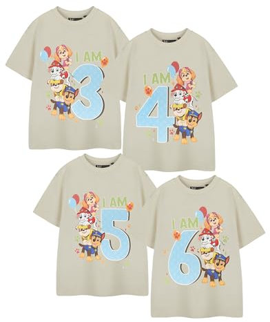 Paw Patrol Jungen Beige Kurzarm-T-Shirt | Geburtstagsalter-Grafik-T-Shirt für Kinder | Chase Marshall Rubble Skye Charaktere | Cartoon-Bekleidung für Kinder