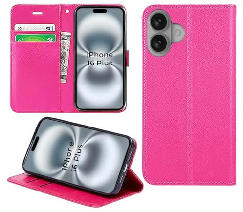 DN-Technology for iPhone 16 Plus Case Flip Leather Wallet Book Stand Folio Card Holder Phone Cover iPhone 16 Plus 6.7'' (PINK)