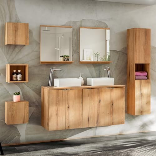 Lomadox Badezimmer Badmöbel Set 7-teilig, 140cm Doppelwaschtisch, in Eiche, geringe Tiefe (40cm)