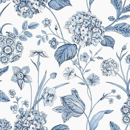 SOPHIE LAURENCE Hydrangea Garden Flowers Blue, White Floral Wallpaper for Bedroom, Living Room Decor, Washable Wall Paper Paste, 10m Roll for Interior Design